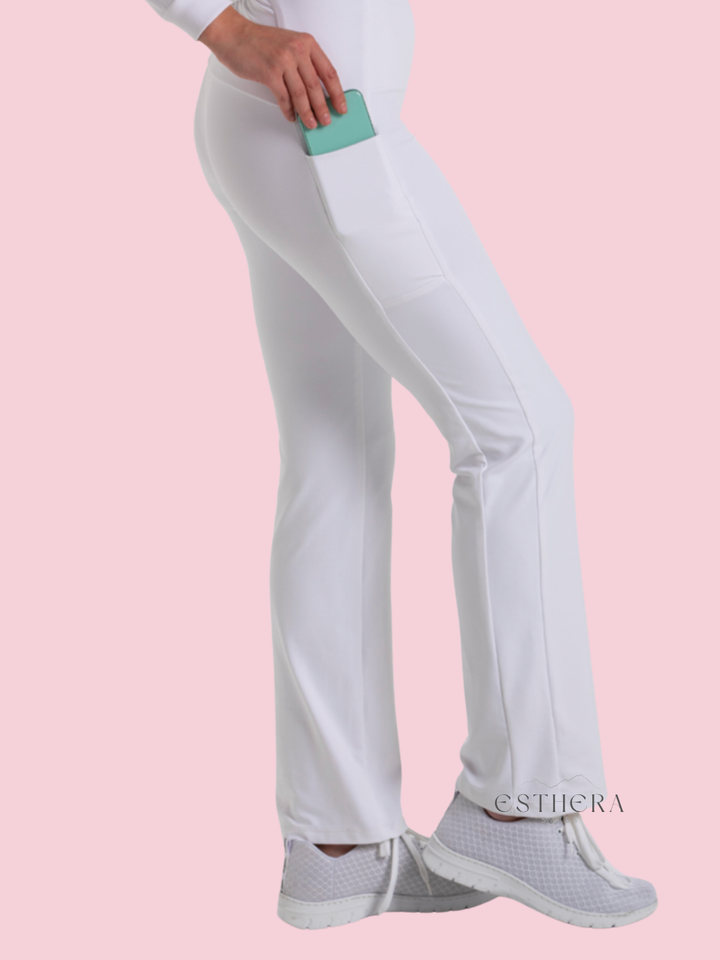Pantalon blanc en maille, coupe droite, avec poche